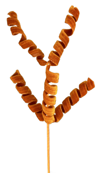 The 16 Orange Frizzy Curly Pick with 5 Stems (57063OR) features spiral-shaped orange branches displayed on a solid black background.