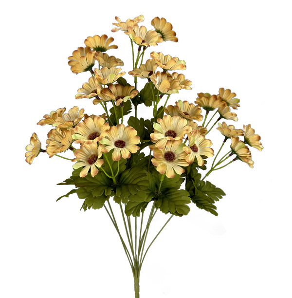 The 20 Beige Daisy Bush with 11 Stems (57112BE) features light yellow daisies with dark centers and lush green leaves, creating a vivid floral arrangement that blooms beautifully.
