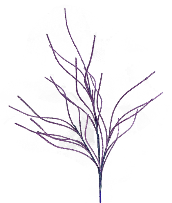 An array of complex, delicate purple branches extends against a black background, creating an abstract and artistic design. Similar to the 30" Purple Glitter Twig Spray 57169PU, certain branches are thin and elongated, radiating from a central point.