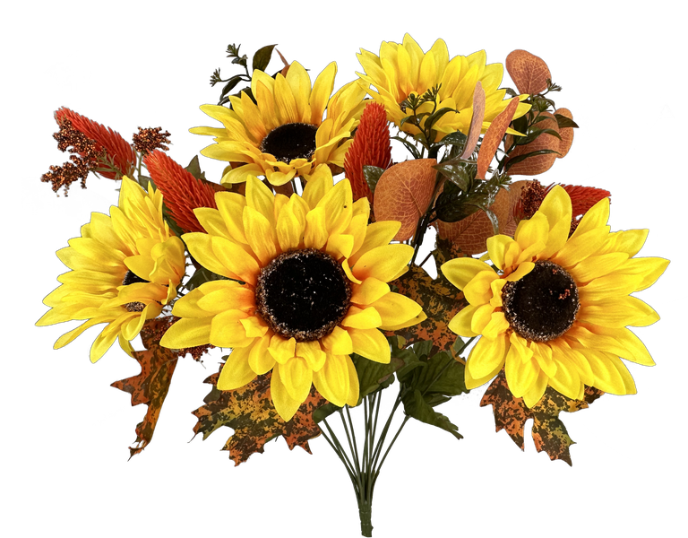The 19" Gold and Yellow Sunflower Maple and Leaves Bush with 12 Stems (57186GDYW) features a vibrant array of sunflowers with large yellow petals and dark centers, beautifully complemented by small red and orange flowers. Lush green leaves complete this lively and colorful arrangement.