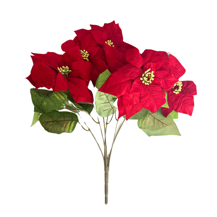 The 23 Red Poinsettia Bush with 6 Stems (58854-RD) features artificial red flowers and green leaves, displayed against a white background.