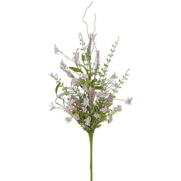 The 23 Pink Lavender Berry Spray (60919-PK) is a delicate floral arrangement featuring tall greenery with tiny pink and white flowers, complemented by thin, wispy branches extending upwards and outwards for an airy feel against a plain white background.