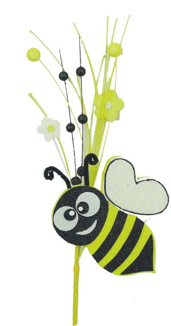 The 18" Yellow Bee Daisy Pick 62123YW features a cute, cartoon-style bee with black and yellow stripes surrounded by decorative flowers and stems. The bee has a smiling face with large eyes and heart-shaped wings, all set against a clean, white background.