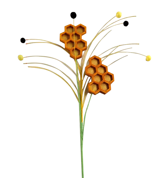 The 30" Yellow Honey Comb Spray 2 Stems (product code: 62925YW) showcases an elegant arrangement featuring two hexagonal honeycomb structures with slender stems, reminiscent of a floral bouquet. Delicate yellow and black spherical accents are artfully positioned at the tips of thin, curved strands.