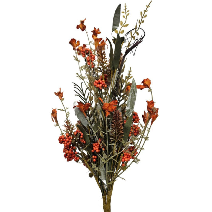 Add a unique touch to your seasonal display with the 24 Orange Lavender Berry Spray 63048-OR, featuring artificial autumn foliage, red berries, orange flowers, pinecones, and assorted green leaves on brown stems.