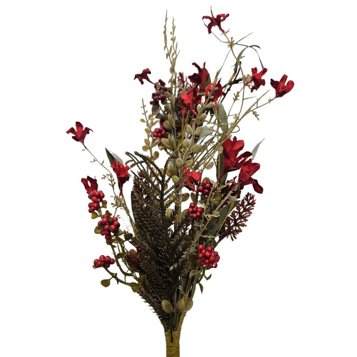 The 24 Red Lavender Berry Spray 63048-RD features artificial red blossoms, berries, pinecones, and green leaves—perfect for brightening up any space with its lifelike foliage and vibrant colors.