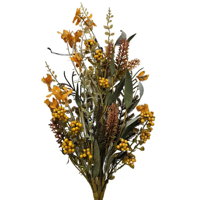The 24 Yellow Lavender Berry Spray 63048-YEL features dried orange and yellow flowers, green leaves, gold berries, and a hint of berry spray. Its varied textures create a rustic, natural appearance.