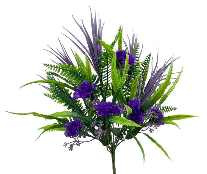 The 18 Purple Carnation Plastic Mix Bush 63162PU features 12 stems of bright purple carnations with lush green leaves and ferns, set against a plain white background.