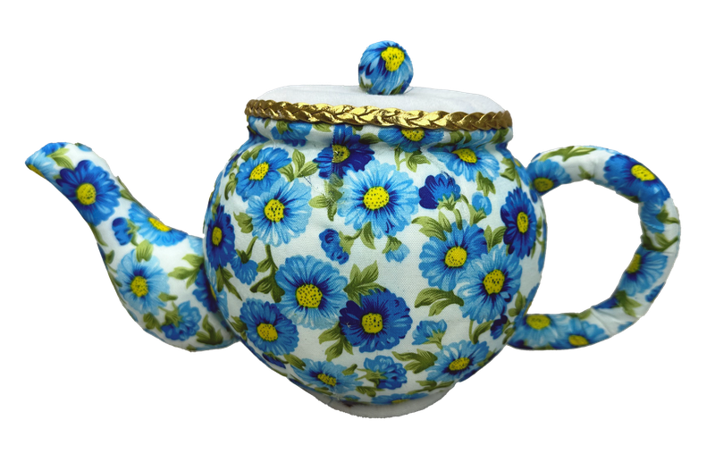 Meet the 6H x 10W Blue Tea Pot Ornament 63202BL, showcasing a vivid blue and yellow floral pattern on a white background. It boasts a gold-trimmed lid with matching floral designs on the spout and handle, ideal for adding charm to any space.