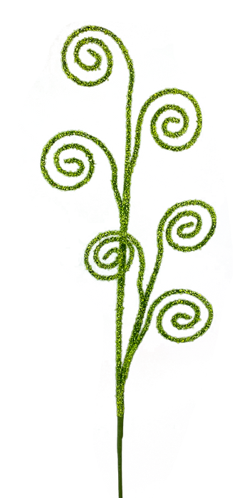 This 27" Green Moss Spiral Curly Spray, featuring 6 stems (product number 63320GN), is a decorative metal plant stake with an abstract design that incorporates spiraling branches and curly sprays. Its textured, colorful background provides a vibrant contrast to the greenish hue of the metal stake.