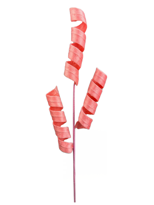 The 24" Curly Spray with 3 Stems (product code: 63389PH), featuring pink ribbon curls wrapped around a stick and evoking images of a whimsical candy cane or twirled lollipop, beautifully captures the natural charm of peach tones set against a plain white background.