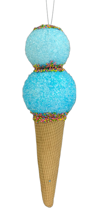 The 16" Blue Ice Cream Ornament (63394BL) is designed to look like a double-scoop cone. It features vibrant blue scoops with colorful sprinkles and a charming textured waffle cone. Strings for display make this Blue/Brown/Multi decorative piece a delightful addition.