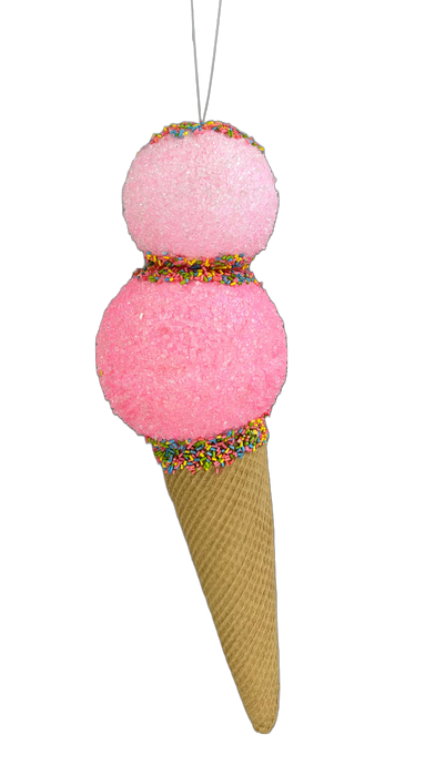 The 16" Pink Ice Cream Ornament 63394PK, with a whimsical design, showcases a delightful pink and white cone embellished with sprinkles.