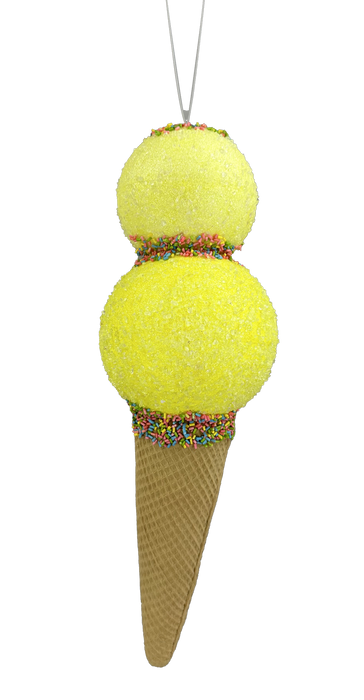 The 16" Yellow Ice Cream Ornament 63394YW showcases a charming hanging design, featuring two scoops of yellow ice cream adorned with colorful sprinkles, all sitting atop a brown waffle cone.