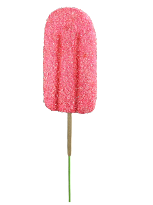 A 20" by 4" Pink Popsicle Pick (Product Code: 63396PK), featuring a strawberry-flavored ice cream bar coated with pink sugar crystals, stands upright on a wooden stick against a plain white background.