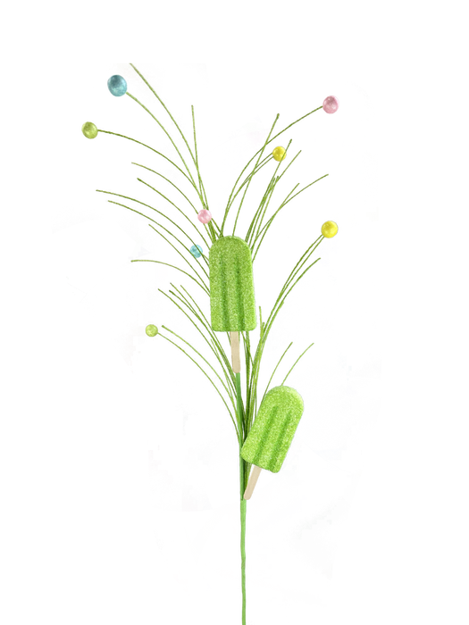 This 30" Green Popsicle Spray (Product Code: 63397GN) consists of two slender stems topped with colorful, spherical tips. The background is a lively composition of vivid colors and shapes, invoking a vibrant, galaxy-like effect reminiscent of multi-pastel dreams.