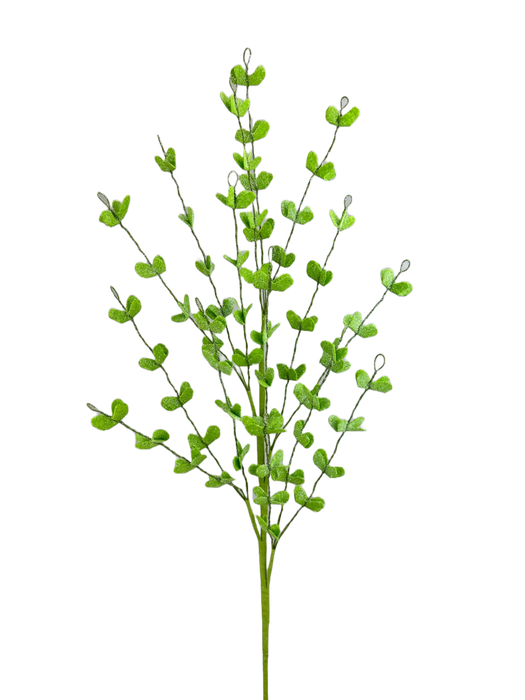 The 30 Green Filler Spray 63479GN is elegantly displayed against a solid black background, featuring multiple stems with alternately arranged round, vibrant green leaves.