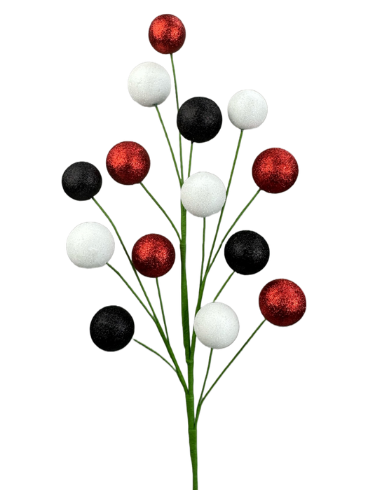 Add bold style with the 28 Red Black and White Gum Ball Spray, featuring 14 stems each topped with glittery red, black, or white ornaments. Product code: 63492RDBKWT—perfect for modern decor or festive arrangements.