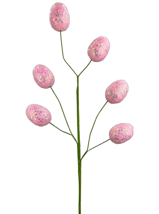 The H22 Pink Egg Spray 6 Stems 63495PK features six pink, glittery egg-shaped ornaments on lush green stems, resembling vibrant flowers. The eggs are adorned with colorful speckles for a whimsical touch in any setting.