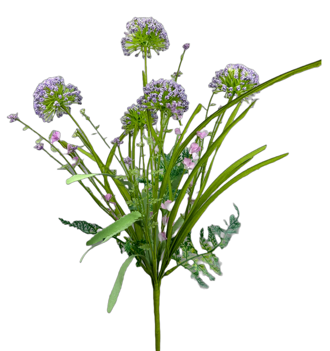 A 20-inch cluster of delicate, light purple flowers with thin green stems and leaves against a solid black background resembles the elegant Purple Sedum Bush. The blooms are intricate and round, with small pink buds nestled among the greenery. Product: 20 Purple Sedum Bush 63498PU.