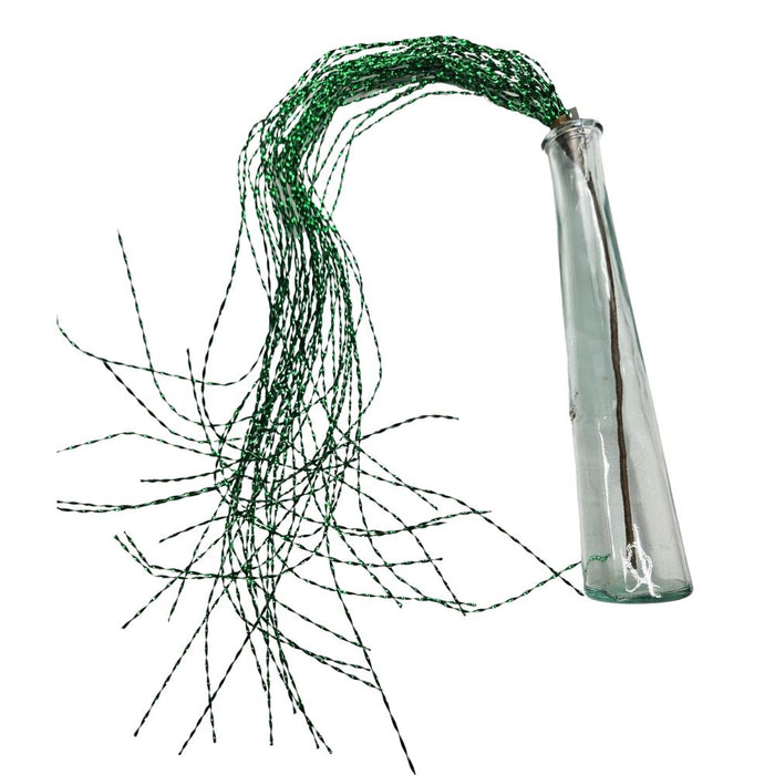 The 39 Green Metallic Stripe Hanging 82315-GN features long, thin green artificial grass with a bold metallic stripe, arranged in a tall clear vase and curving outward for dramatic hanging decoration.