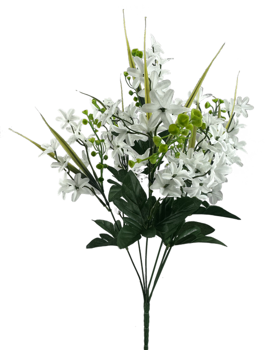 The 19 Cream Star Blossom Bush with 7 Stems (63513CM) features white artificial flowers, green leaves and stems, clusters of Cream Star Blossom, and elongated buds. The arrangement sits on bush stems against a transparent background.