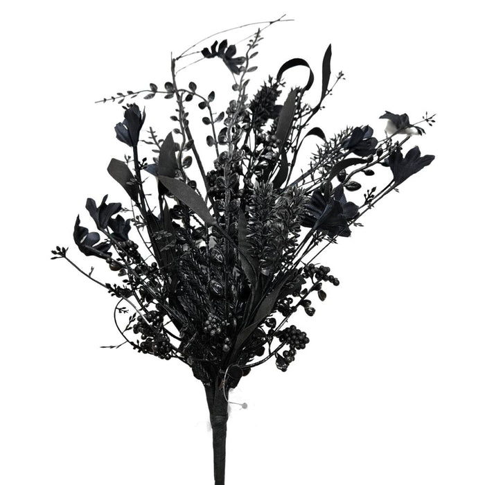 The 24 Black Mixed Halloween Spray 63526-BK features assorted dried flowers and foliage, all in uniform black tones, displayed against a plain white background.
