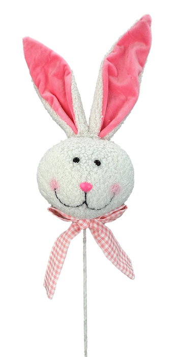 The 25 X 5.5 Pink Bunny Head Pick (63695PK) features a plush rabbit head with large pink ears, a smiling face, blushing cheeks, and a pink nose on a stick. A pink checked ribbon bow decorates its fluffy white fur for an adorable touch.