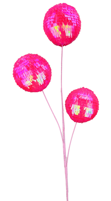 The 28 Hot Pink 3 Stems Sequin Ball Spray (63753HTPK) features three vivid sequin ball flowers on slender light pink stems, showcased against a black background.
