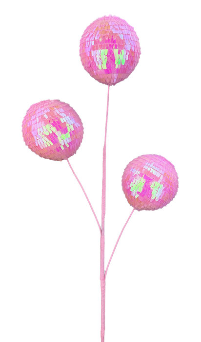 The 28 Pink 3 Stems Sequin Ball Spray 63753PK features three shimmering pink floral heads with iridescent sequins on slender stems, offering an abstract and elegant display against a white background.