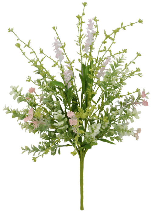 The 21 Mixed Plastic Filler 63828 features a lush arrangement of assorted green foliage and delicate pink flowers, completed with various stems and small blossom clusters for a vibrant, natural bouquet.