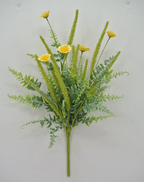 A 20 Yellow Mixed Dogtail Bush (63835-Yel), featuring vibrant yellow daisies and tall green foliage, adds a lively accent to home decor against a plain light background.