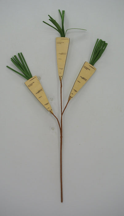 This 12" decorative element, featuring a trio of cream wooden carrots with green tops elegantly affixed to a slender brown branch and set against a plain white background, adds an exquisite touch to any setting. Model 63856-CR.