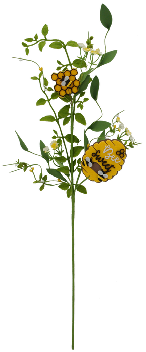 Introducing the 29" Honeycomb Greenery 63862, featuring vibrant green leaves adorned with small white flowers. This decorative piece is enhanced with charming yellow bee-themed ornaments and a striking honeycomb pattern, completed by a delightful "Bee-lieve" tag.