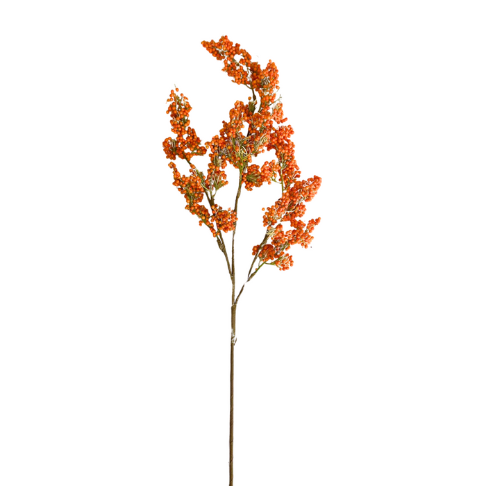 The 32 Orange Berry Spray 64324-OR features clusters of small, bright orange berries with a few green leaves on a pristine white background.