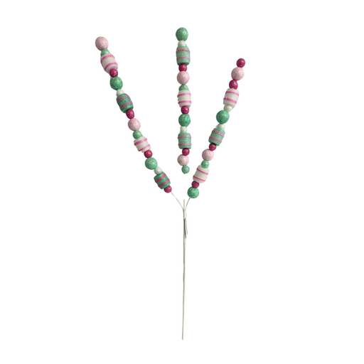 The 31" Pink Green and White Glitter Ball Spray (model 64510PKGNWT) features three long wire stems adorned with pink, green, and white beads in various spherical shapes and sizes, creating a colorful and cheerful ornament. This festive decoration is enhanced with an extra touch of sparkle from its glitter ball accents.