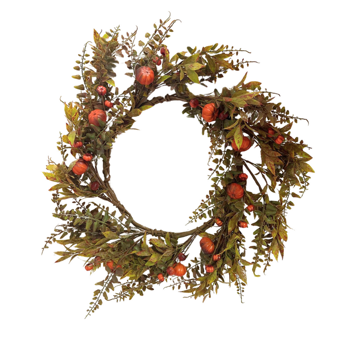 The 20 Mixed Mini Pumpkin Wreath 64583 features green and brown leaves, twigs, and small orange pumpkins, beautifully arranged in a round design on a white background.