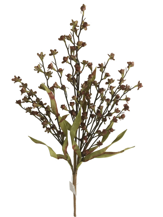 The 23 Long Brown Wood Berry Spray 65121-BRN features multiple small brown and green buds with elongated green leaves, displayed against a plain white background.