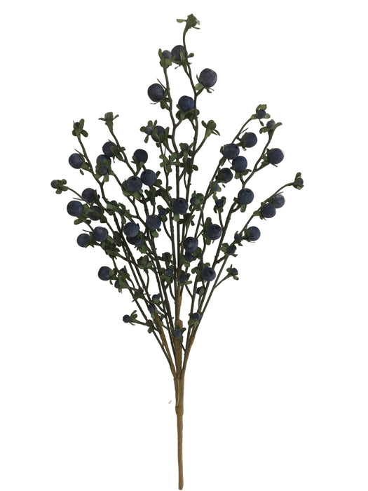 The 22 Long Blue Wild Berry Spray 65135-BL features several thin stems with small, round blue berry clusters and green leaves, shown against a plain white background.