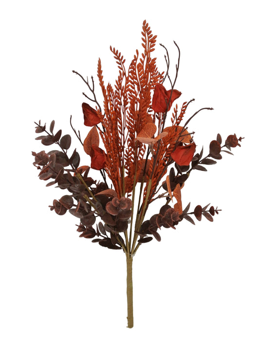 The 19 Long Red Eucalyptus Lantern Spray 65173-RD features artificial flowers and leaves in orange and deep red, with tan floral tape-wrapped stems, beautifully arranged against a plain light gray background.
