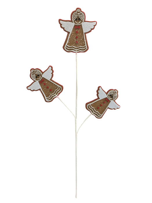 The 28 Long Brown and White Gingerbread Angel Spray 65247 features three gingerbread-style angel ornaments with white wings and red accents, arranged on a single spray and shown against a plain white background.