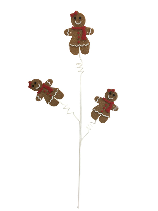 The 29 Long Brown Gingerbread Lady Spray 65252 features three festive gingerbread ladies with red bows and scarves on white wire stems, arranged bouquet-style against a white background—ideal for holiday displays.