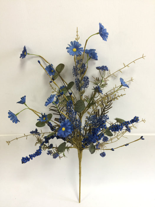 The 24 Long Blue Mixed Fall Filler Spray 65271-BL features artificial blue flowers and green leaves on slender stems, ideal as a fall filler spray against a simple white backdrop.