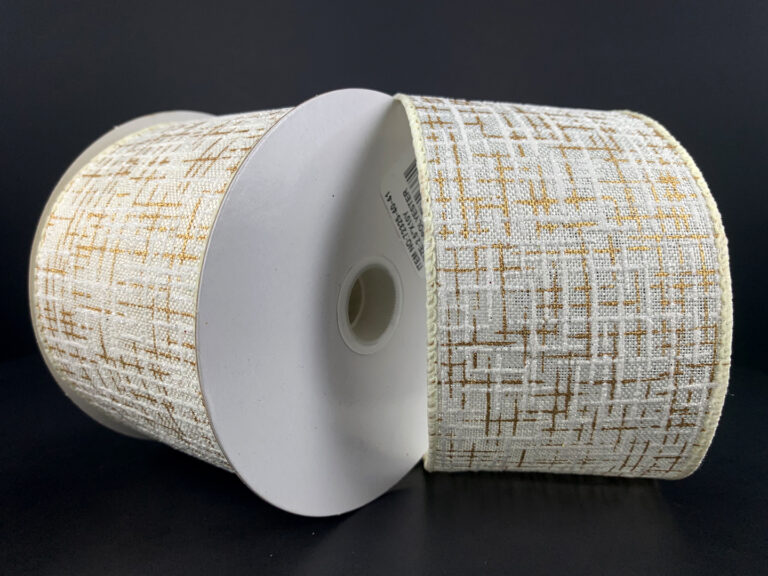 Two rolls of 2.5X10Y Ivory Linen/White-Gold Glitter Print Tweed Ribbon (72325-40-41) stand upright against a black background, showcasing their textured white and gold grid pattern on white plastic spools.