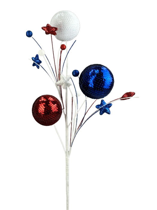 The 26" Red, White, and Blue Sequin Ball Spray 3 Stems (74229RWB) showcases festive sequin-covered balls and star shapes in red, white, and blue on elegant white stems against a sleek black background. It perfectly captures the essence of celebration by adding a vibrant touch to any event.