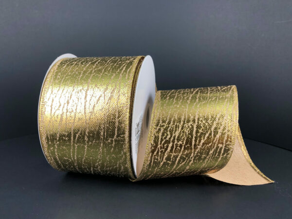 A partially unrolled spool of 2.5X10Y Gold Crackle Lame Ribbon (75206-40-15) with a textured, crinkled pattern is displayed against a plain dark background.