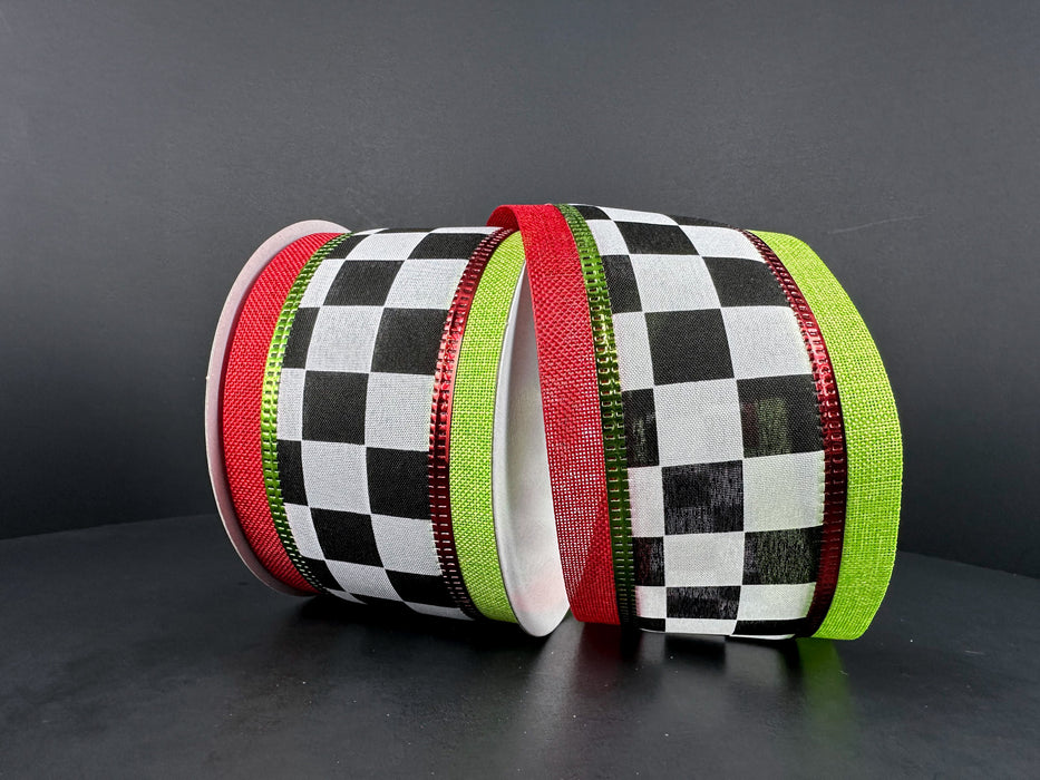 2.5"X10Y Black-White Chex Satin/Red-Lime Metallic Striped-Lime-Red Linen Edge 76357-40-09