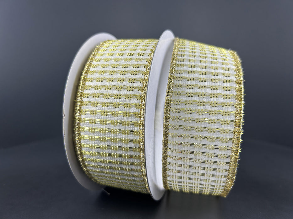 A spool of 1.5 x 10Y light gold metallic Rishi solid ribbon (78496-09-18) features an elegant gold finish, perfect for adding a touch of shine to any project.