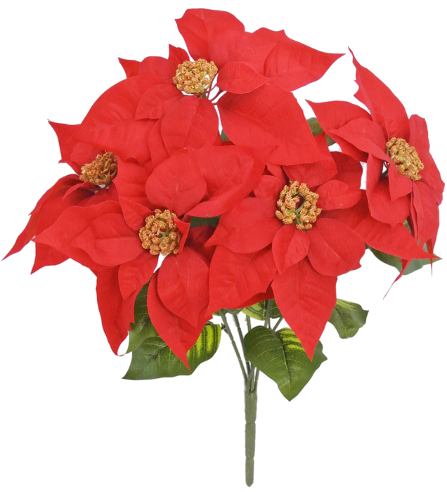 The 20 Red Poinsettia Bush with 5 Stems (81991-RD) features vibrant red poinsettia flowers, green leaves, and yellow centers, forming a lush arrangement beautifully displayed against a transparent background.