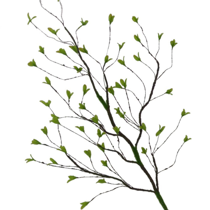 A sparse branch with thin twigs and small green leaves twists gently like a delicate sprout on a white background, depicting an intricate spring pattern. Product: 48 Green Spring Sprout 82368.
